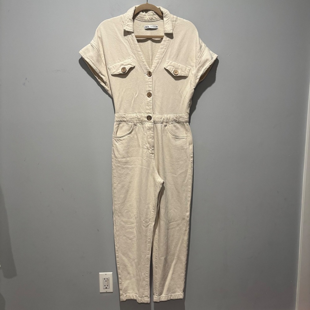 Zara‎ Women Cream Denim Boilersuit Jumpsuit Button Front Ecru Utility Small
